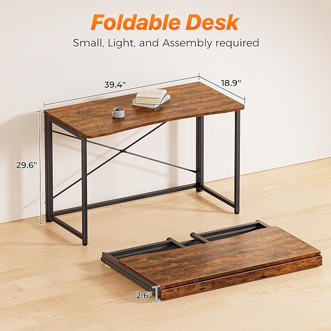 Huuger Folding Desk for Small Spaces, 39.4 Inch Foldable Computer Table | Easy Assembly, Small Writing Work Office Computer Desk, for Home Office, Study, Bedroom, Dorm, Space Saving, Rustic Brown - Image 2