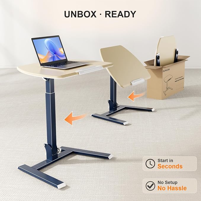 ROMOON Foldable Standing Desk, No-Assembly Height Adjustable Portable Desk | Rolling Laptop Cart with Wheels and Tilt Top, Mobile Workstation for Classroom, Home Office, Small Spaces, Sofa, Oat Yellow - Image 3