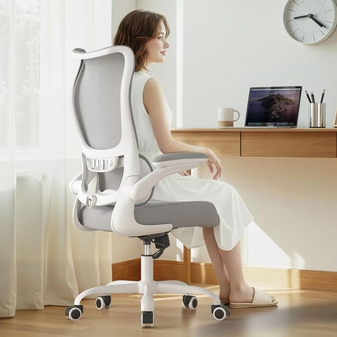 Office Chair Ergonomic Desk Chair - Comfy Mesh High Back Office Chair with Lumbar Support Wheels Home Desk Office Chairs Flip up Armrest Executive Rolling Swivel Task Work Computer Chair Grey - Image 2