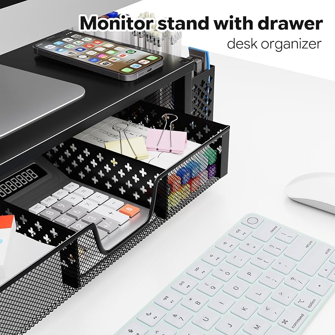 Simple Trending Desk Organizer, Computer Monitor Stand Riser, Black | Metal Laptop & Printer Stand, Desktop Organizer with Drawer & 2 Pen Holders, Anti-Slip Pads, 18.5"W x 9.5"D x 4.75"H - Image 8