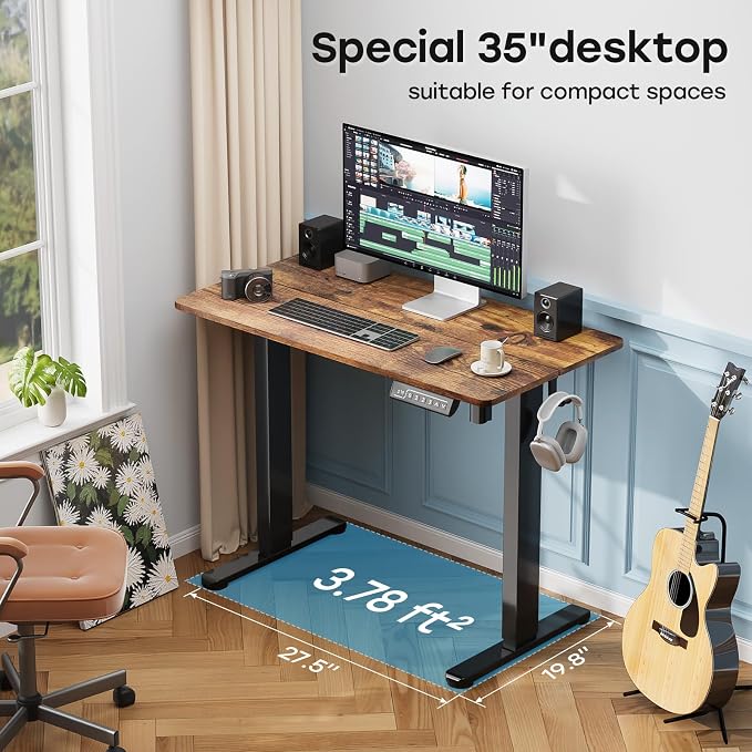 Small Electric Standing Desk, 35" Sit Stand Rising Desk | Height Adjustable Desk with 2 Hooks for Home Office, Compact Computer Workstation with Splice Board, Rustic Brown - Image 7