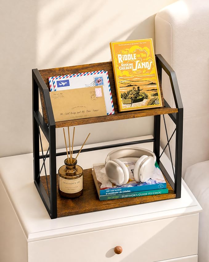 Desktop Bookshelf, Wooden Desk Shelf Organizer, Brown | 2-Tier Desk Top Storage Rack for Office, Dorm, Bedroom Decor, Small Tabletop Shelf for Books, Plants & Accessories - Image 2