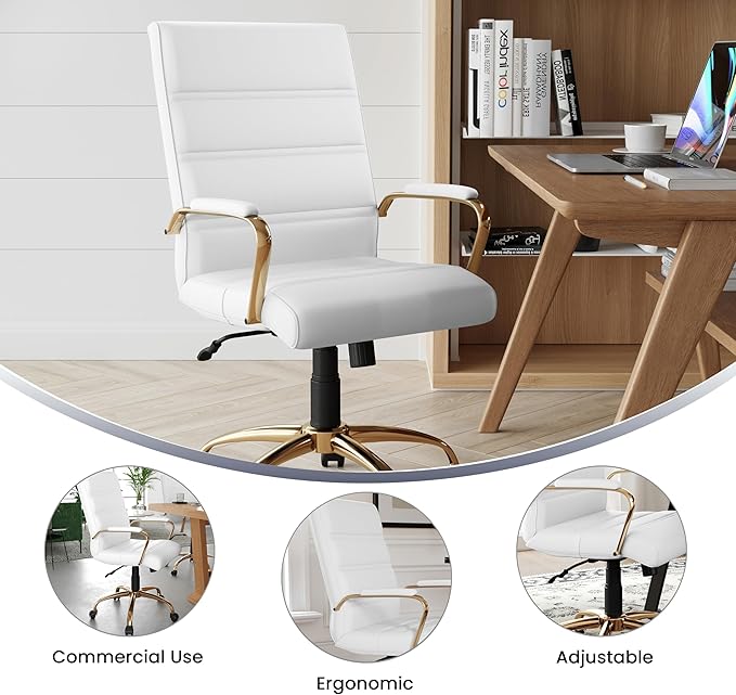 Flash Furniture Mid-Back White LeatherSoft Executive Swivel Office Chair with Gold Frame and Arms - Image 5