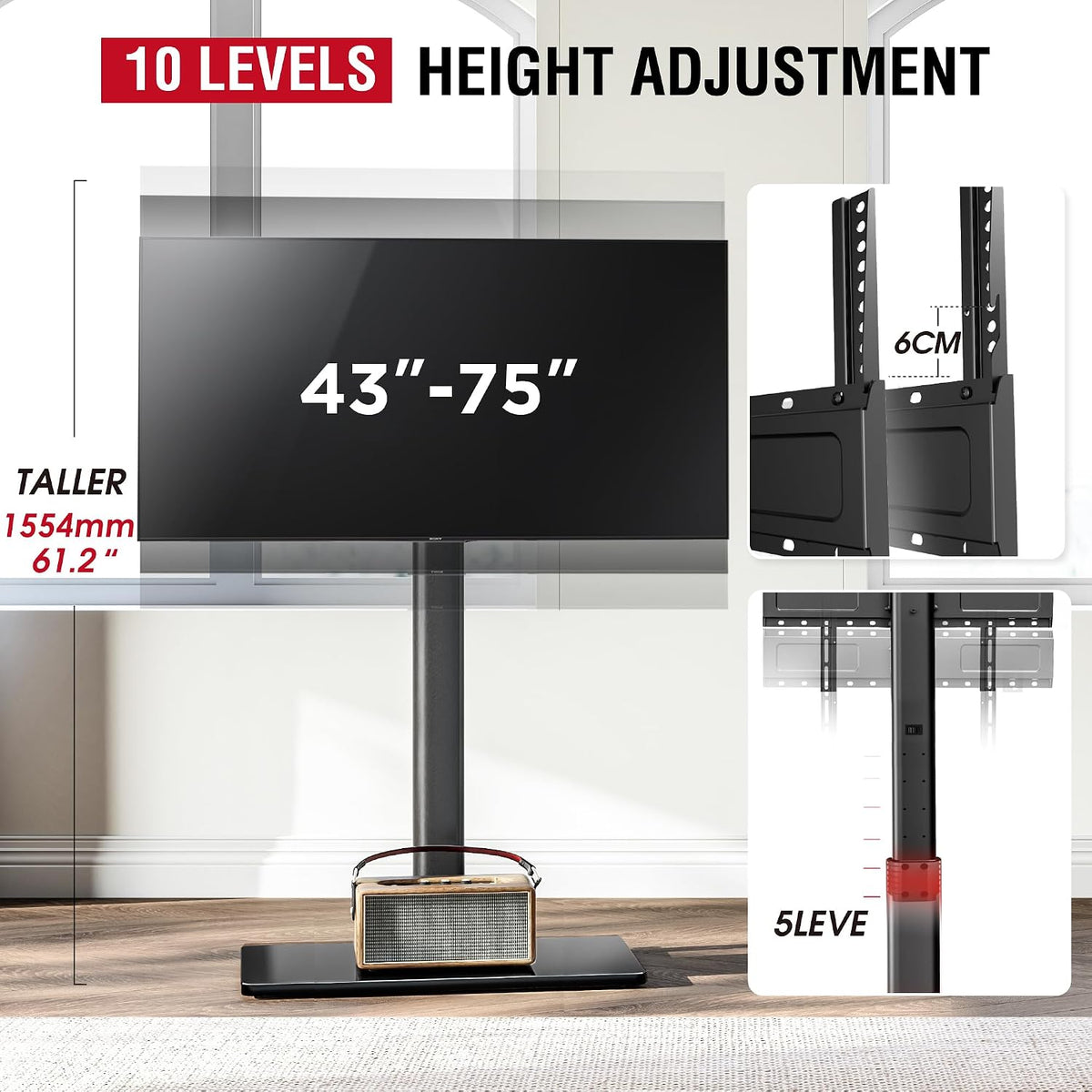 Swivel TV Floor Stand for 43-75 Inches TVs, 10 Level Height Adjustable Corner Extra Tall TV Stand Mount for Living Room/Bedroom, Holds up to 110 lbs,MAX VESA 600x400mm,Black - Image 6