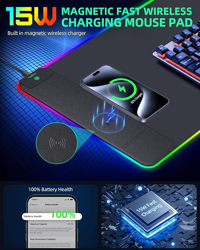 15W Wireless Charging RGB Mouse Pad, 31.5"x15.7", XXL Gaming Desk Mat | 15 Lighting Modes, Large Ultra-Smooth Surface, Non-Slip Rubber Base, Waterproof Computer Keyboard Pad for Desk, Office, Black - Image 2