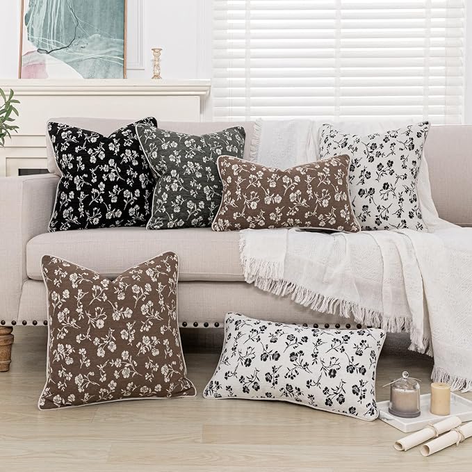 20x20 Chenille Jacquard Throw Pillow Cover, Black Vintage Floral Cushion Case with Piped Edges, Decorative Large Accent for Sofa, Bed & Couch, 2 Pack - Image 9