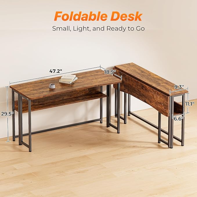 Huuger Folding Desk with Storage Shelf, 47.2 Inch Foldable Computer Table | Writing Work Office Computer Desk for Small Spaces, Space Saving Sofa Table for Couch, Easy to Fold, Rustic Brown - Image 2