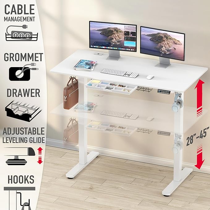 SHW 55 x 28 Electric Height Adjustable Standing Desk w/Drawer, White | w/ Memory Presets and Cable Management | Drawer with adjustable compartments | Hanging Hooks - Image 4