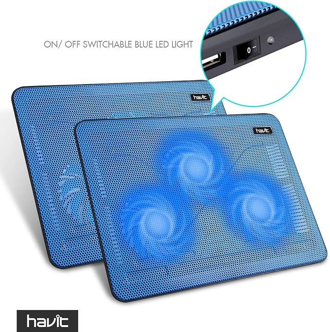 Havit HV-F2056 15.6-17 Inch Laptop Cooler Cooling Pad - Slim Portable USB Powered (3 Fans) (Blue) | Three quiet USB-powered fans circulate air below the laptop, two height settings improve viewing and typing comfort - Image 3