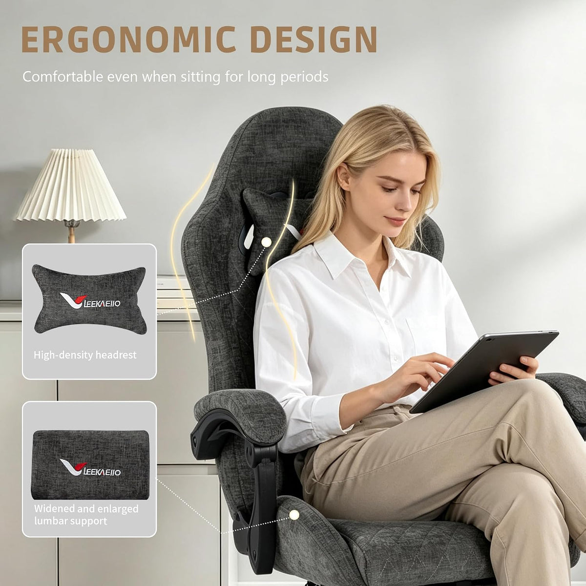 Fabric Gaming Chair for Adults, Ergonomic Computer Office Desk Chair with Footrest,Pocket Spring Cushion, Reclining High Back Silla Gamer for Home Office, Grey - Image 7