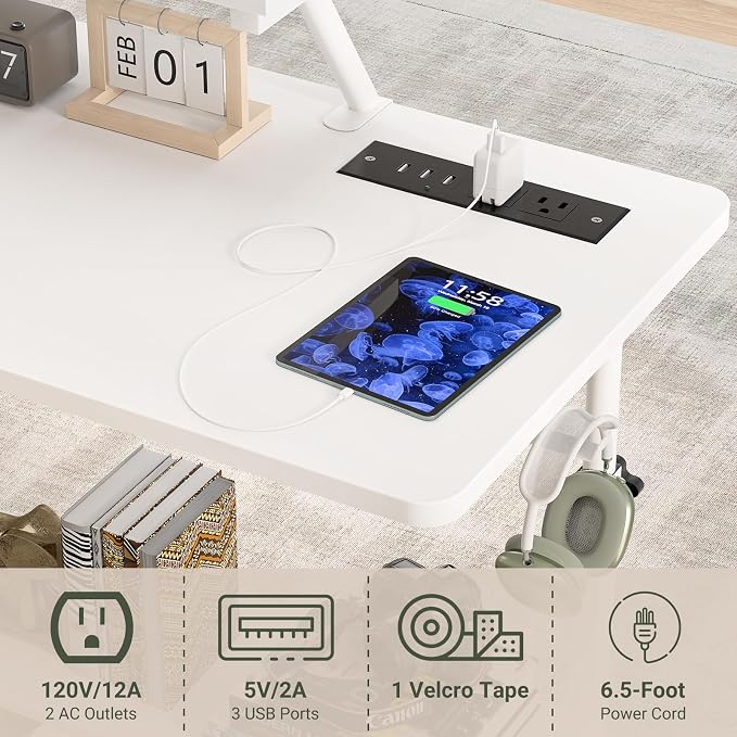 Height Adjustable Standing Desk with Power Outlets and LED Lights - 39" Manual Stand Up Desk with Monitor Stand and Storage Shelves Small Mobile Rolling Computer Desk Portable Laptop Table, White - Image 8
