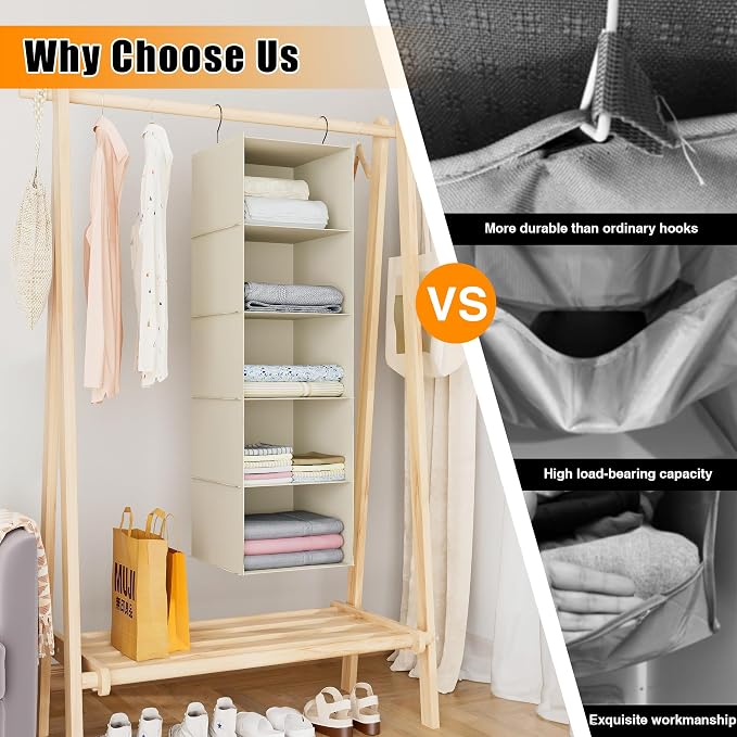 Hanging Closet Organizer 5-Shelf, Oxford Fabric Wardrobe Storage, Beige | Easy-mount foldable design holds clothes, handbags, shoes & accessories; washable Oxford fabric, sturdy and space-saving. - Image 7