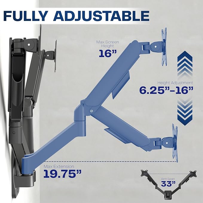 VIVO Height Adjustable Mechanical Extended Arm Dual Monitor Wall Mount Full Motion Articulating, Fits 2 Screens 17 to 32 inches, Black, MOUNT-V002G - Image 3