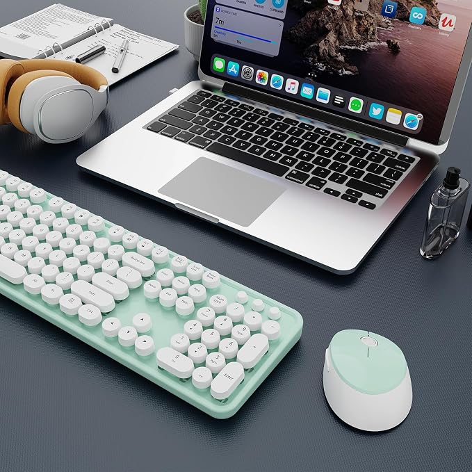Wireless Keyboard and Mouse Combo, Ergonomic Full Size Typewriter Retro Round Keycaps Keyboard, Compatible with Windows, PC, Perfer for Home and Office Keyboards（Green） - Image 9