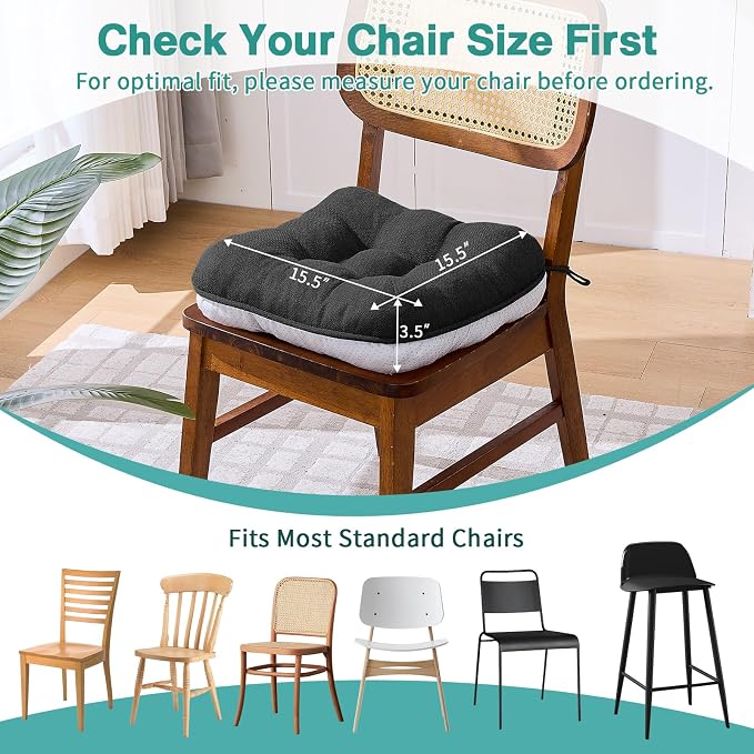 BETU Black Chair Cushions for Dining Chairs Set of 6,3.5" Thick Kitchen Table Chair Pads with Ties,Non Slip Backing and Covers,Seat Cushion for Dining Room,Bar,Patio Chairs,15.5"X15.5"X3.5",Black - Image 7