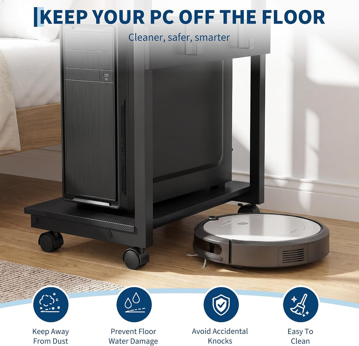 Height Adjustable Rolling PC Tower Stand with Locking Wheels, for Office, Home & Gaming, Compact Under Desk Computer Holder, 23.23"-33.46", Carbon Fiber Look - Image 5