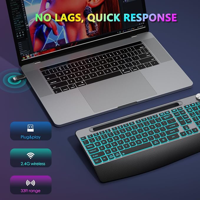 JOYACCESS Ergonomic Wireless Backlit Keyboard with Phone Holder,Rechargeable Wireless Keyboard Mouse Combo with Light Up Keys for for Laptop, PC, Mac, Windows-Grey - Image 5