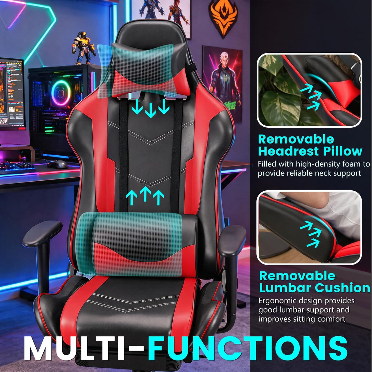 BestOffice | Ergonomic Gaming Chair | Red | Reclining Computer Chair with Lumbar Support, Headrest Pillow, Adjustable Footrests | 360 Swivel with Heavy Duty Wheels | for Home & Office - Image 4