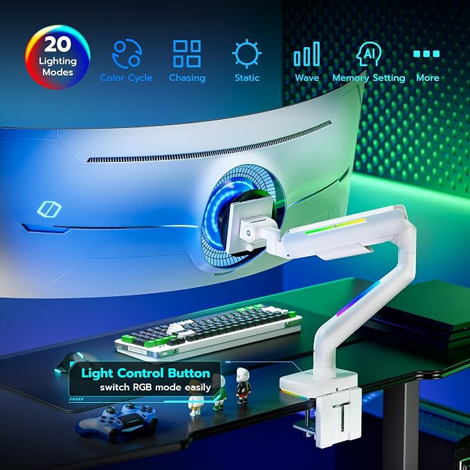 ARES WING Ultrawide Monitor arm with RGB for 17-49 Inch Screen, White | Heavy Duty Gas Spring Single Monitor Arm, Adjustable Gaming Computer Monitor Arm for Desk up to 44lbs - Image 5