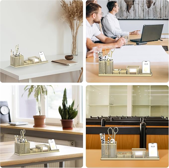 Pen Holder for Desk, 6-Piece Mesh Desk Organizer with Phone Holder, Gold | 6-Piece Black Mesh Desk Set Includes Pen Cups, a Sticky Note Caddy and Phone Holder for Office, School, Home - Image 7