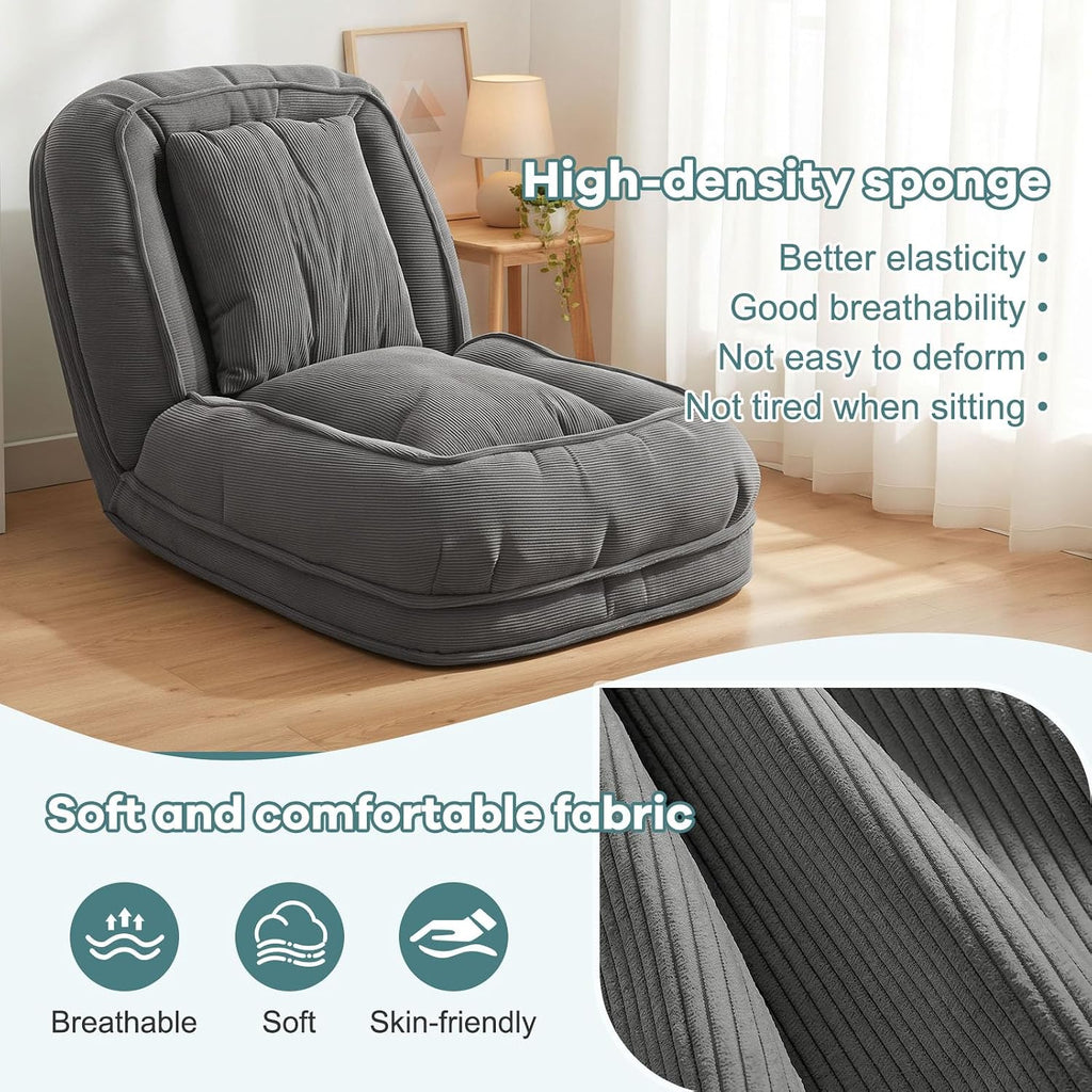 Human Dog Bed for Adults & Pets, 5-Position Adjustable Floor Chair, Convertible Lazy Sofa Bed with Metal Frame & 2 Pillows, Plush Gaming Lounge for Living Room Bedroom Office (Gray1) - Image 6