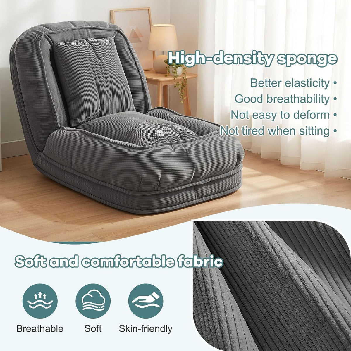 Human Dog Bed for Adults & Pets, 5-Position Adjustable Floor Chair, Convertible Lazy Sofa Bed with Metal Frame & 2 Pillows, Plush Gaming Lounge for Living Room Bedroom Office (Gray1) - Image 6
