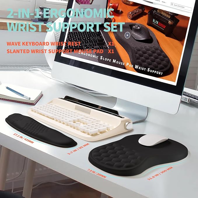 2-in-1 Ergonomic Set, Wave Rise Keyboard Wrist Rest and Massage Bulge Slope Mouse Pad Wrist Support, Cushion Memory Foam Integrated to Relieve Wrist Pain, Black - Image 5
