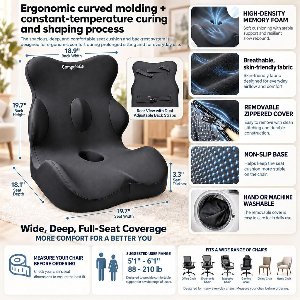 Office Chair Cushion with Back Support, Wide Memory Foam Ergonomic Design - Image 2