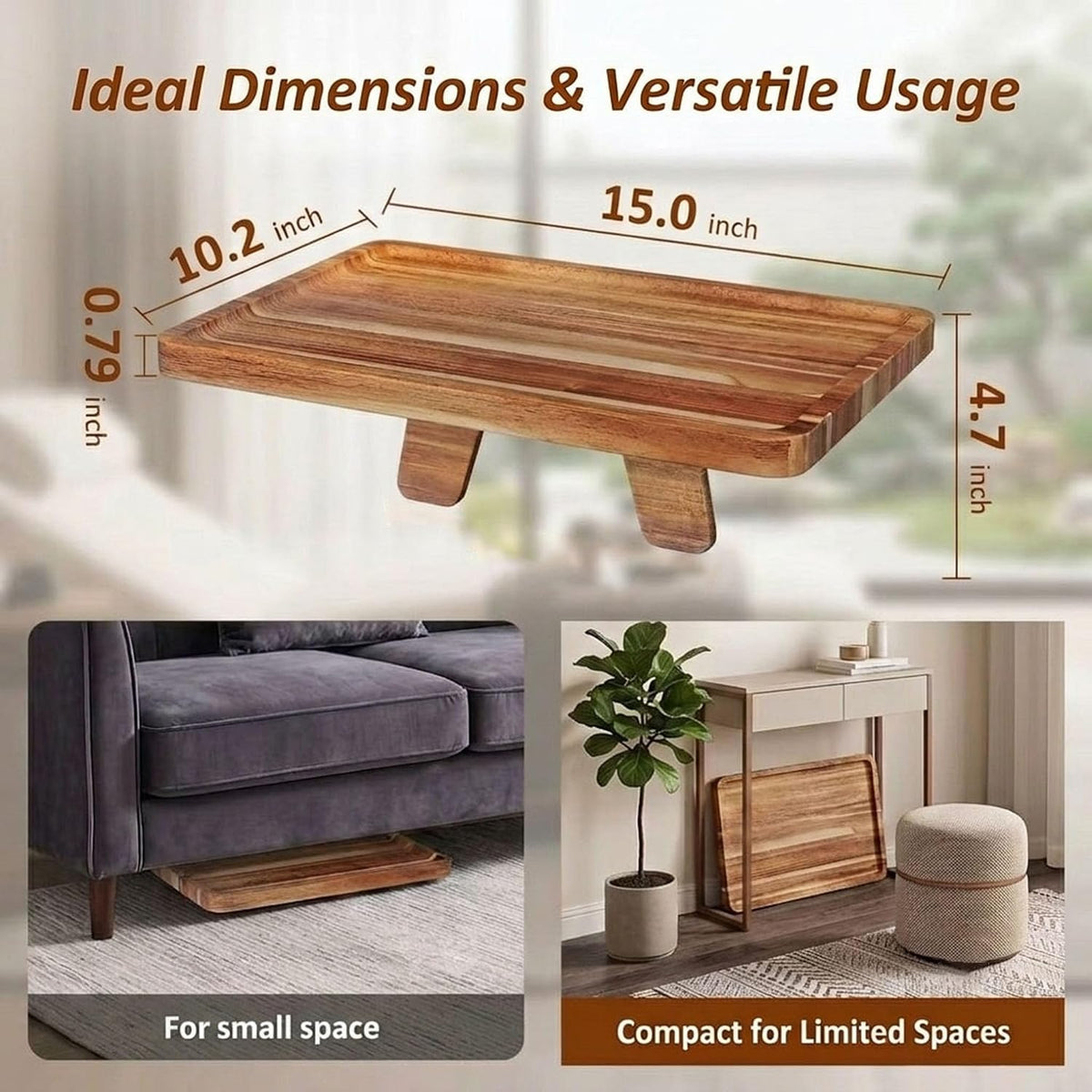 Acacia Wood Couch Tray Between Cushion with Natural Wood Grain Finish - Image 2