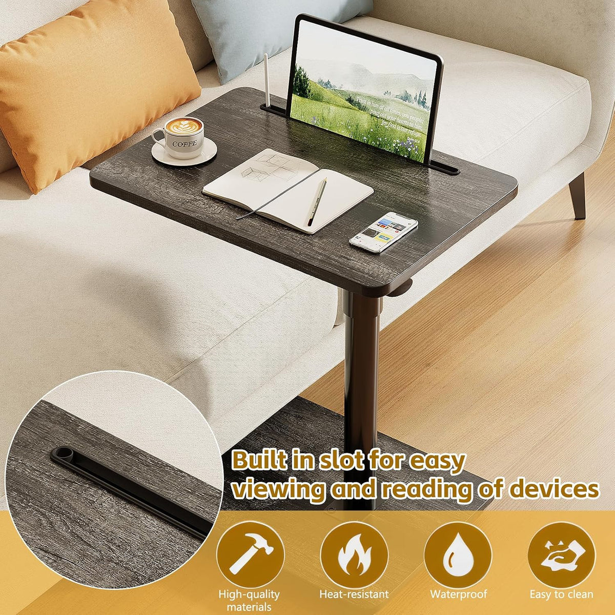 CAIYUN C Shaped Side Table, Height Adjustable Swivel 360° Rotating, Bend Table for Small Spaces, Sofa Side Table with Metal Frame for Living Room, Bedroom, Grey Oak - Image 7