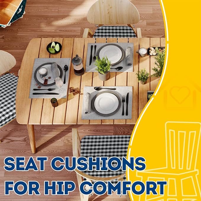 AAAAAcessories D-Shaped Chair Cushions, 2" Thick Dining Chair Pads with Ties and Removable, Machine-Washable Cover, 17" x 16", Set of 2, Checkered Black/White - Image 8