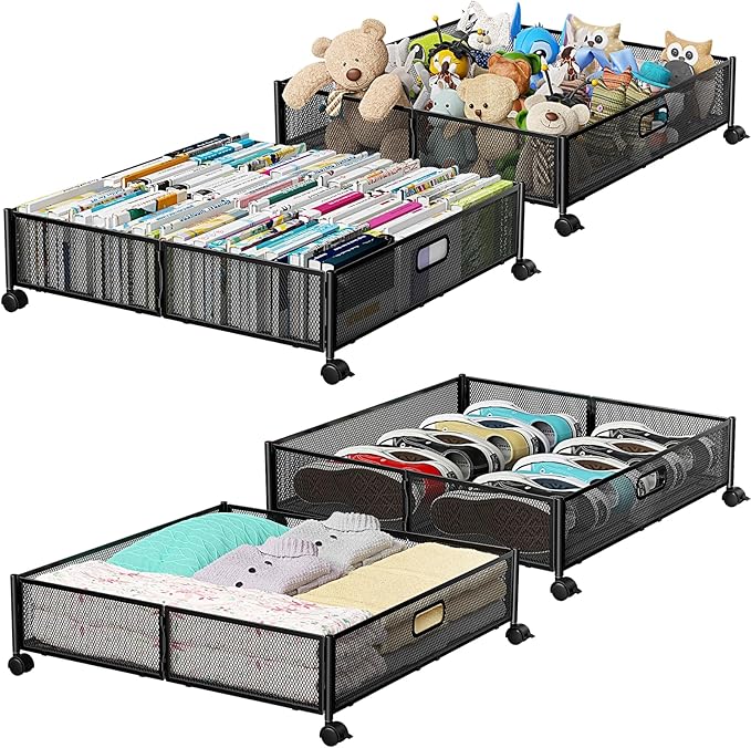 PHINOX Under Bed Storage with Wheels & Handle,Metal,Large,4 Pack,Black | Tool-free assembly, glide smoothly, easy reach, foldable, maxmazie low-profile beds, dorm, keep seasonal clothes, shoes fresh by PHINOX
