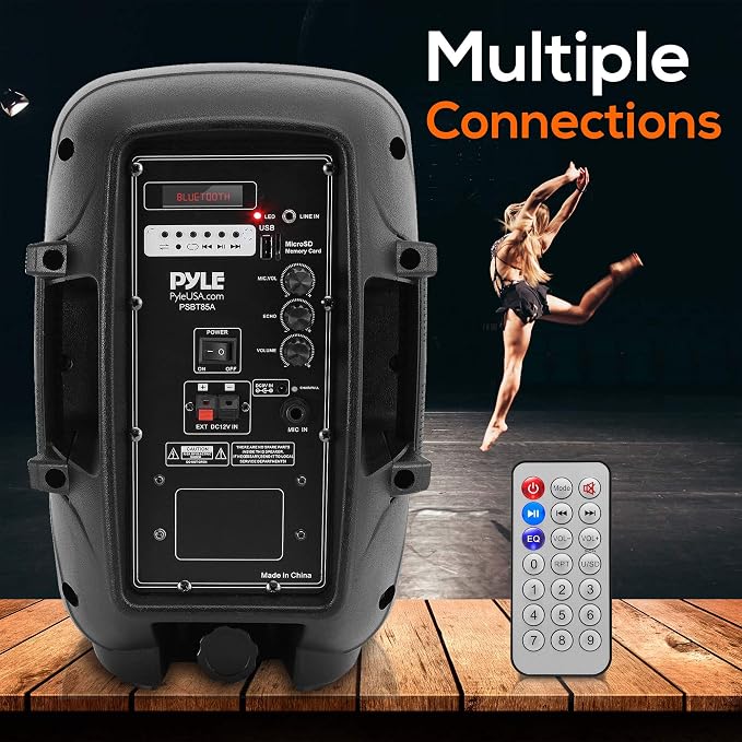 Pyle 800W Portable Bluetooth PA Speaker - 8’’ Subwoofer, LED Battery Indicator Lights w/ Built-in Rechargeable Battery, MP3/USB/SD Card Reader, and UHF Wireless Microphone - Pyle PSBT85A,Black - Image 2