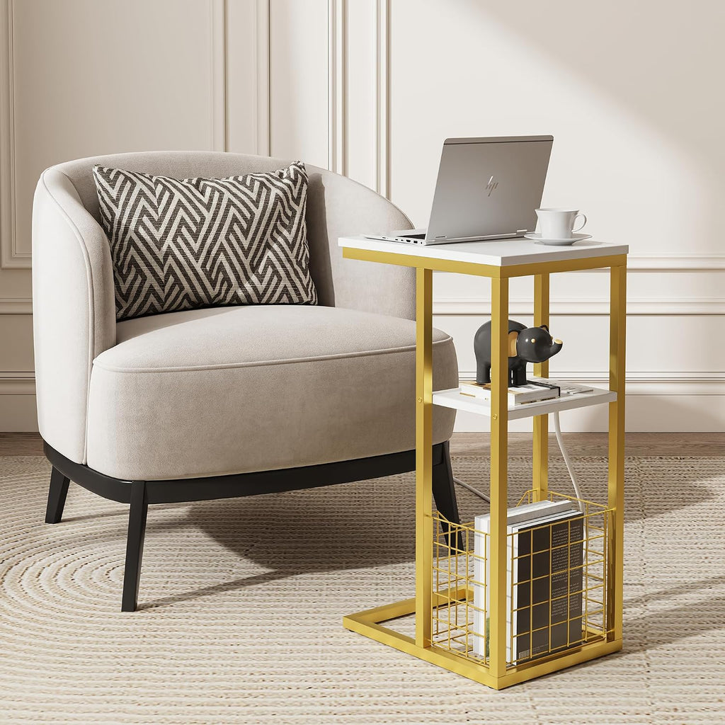 C Shaped End Table with Charging Station, Side Table for Couch, Small Side End Table for Small Spaces, 28" High Slide Under Sofa Table for Coffee, Tv Tray Table for Living Room, Golden - Image 7