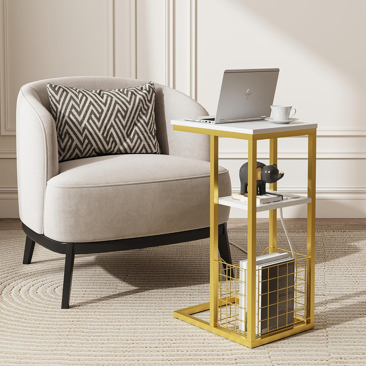 C Shaped End Table with Charging Station, Side Table for Couch, Small Side End Table for Small Spaces, 28" High Slide Under Sofa Table for Coffee, Tv Tray Table for Living Room, Golden - Image 7