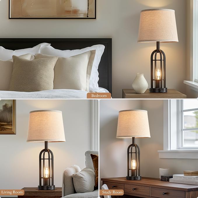 SRJJA Black Table Lamps for Living Room Set of 2 - Farmhouse Lamps for Night Stands with USB A+C, Bedside Lamps for Bedroom, 24'' Industrial Lamp for Living Room End Tables - Image 4