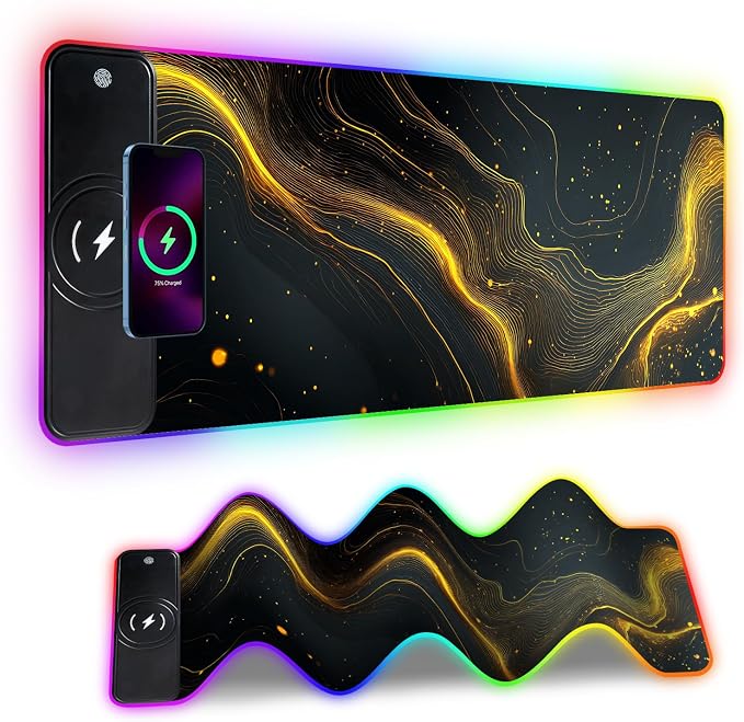 Wireless Charging RGB Gaming Mouse Pad, 31.5 x 11.8 Inch Extended Mouse Mat with Black & Gold Abstract Wave Design, LED Desk Pad with 7 Lighting Modes, Non-Slip Base for Gaming & Office by THISFIND