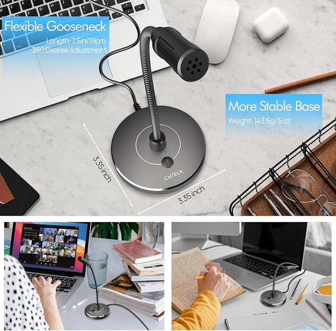 CMTECK USB Computer Microphone, Studio-Quality，Plug & Play for PC,Laptop | Built-in pop filter and metal base. 360° adjustable neck, mute button. Great for podcasting, gaming, YouTube (Windows/macOS) - Image 5