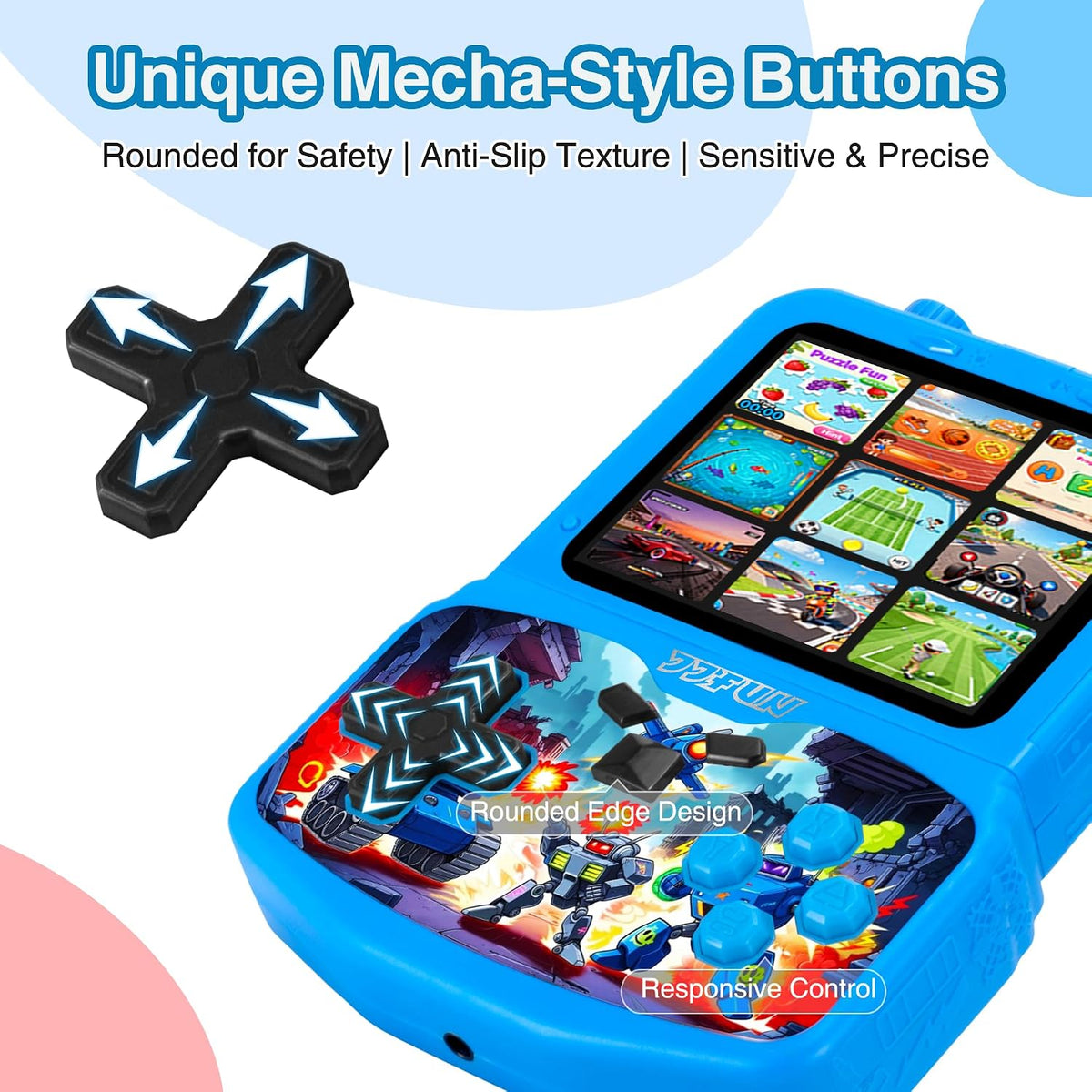 JJFUN Kids Handheld Game Console - Robot Mecha Style with 220+ Classic Games, 3.5'' Color Screen, Rechargeable Battery, Built-in Stand, Retro Gaming Device Ideal Gift for Boys Girls (Blue) - Image 3