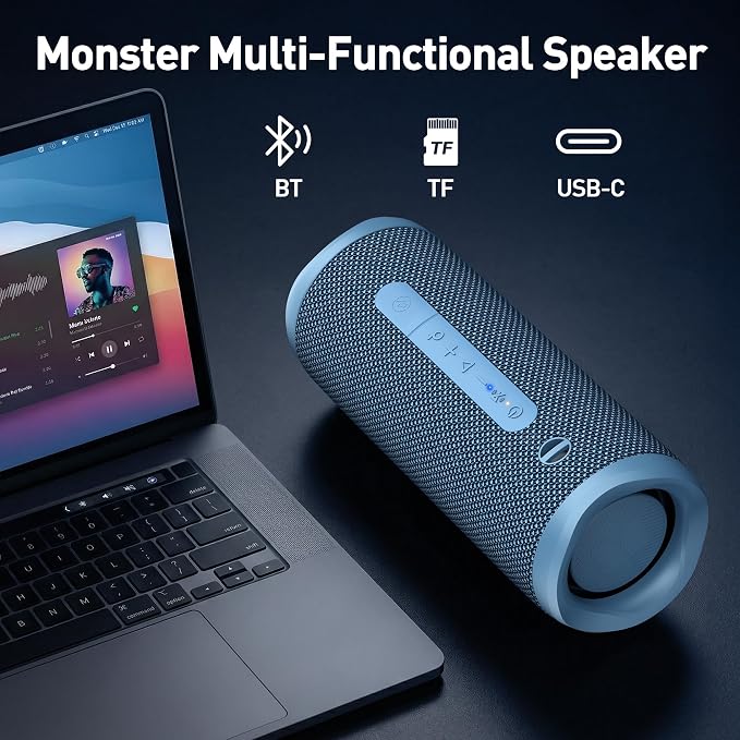 Monster S620 Bluetooth Speaker, Wireless Portable Outdoor Bluetooth Speakers, 60W True Wireless Stereo IPX8 Waterproof, Dual PairingBluetooth 5.4 Built-in Mic, Perfect for Home, Blue - Image 8