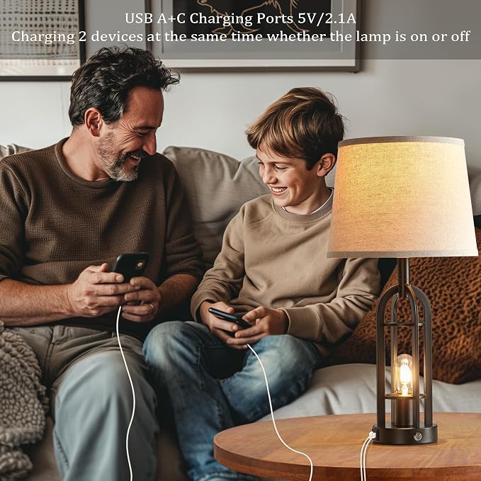 SRJJA 24" Table Lamps for Living Room Set of 2, Farmhouse Industrial 3-Way Dimmable Touch Bedside Lamps with USB A+C for Bedroom Nightstand，4 Bulbs Included - Image 4