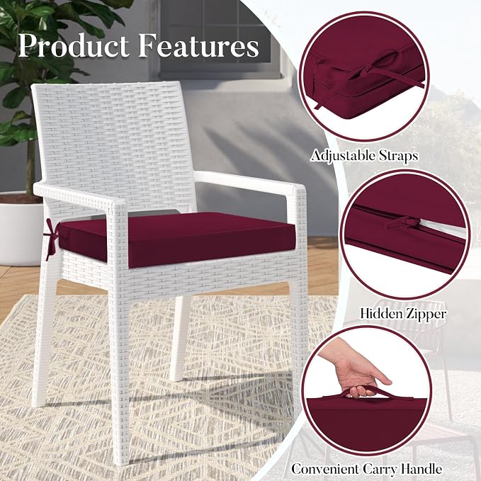 Basic Beyond Outdoor Chair Cushions for Patio Furniture, Waterproof Outdoor Seat Cushions Set of 4 18 x 18, Patio Chair Cushions Set of 4 with Ties and Handle, Burgundy - Image 5