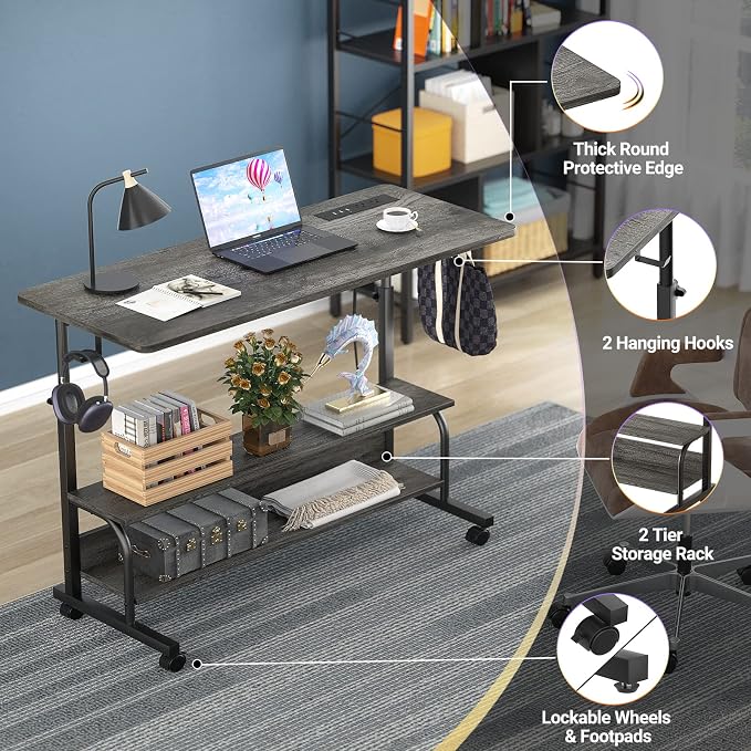 39" Rolling Standing Desk with Charging Station for Couch Bed | Height Adjust 27.5-41", 2 AC/3 USB, Mobile 4 Lockable Wheels, 2-tier Shelves Hook, Safe Corner Fast Assembly - Image 5