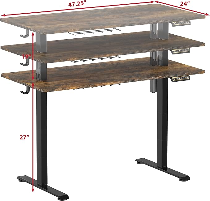 SHW 48-Inch Electric Height Adjustable Sit to Stand Desk, Rustic Brown | with Hanging Hooks and Cable Management, Black Frame and Rustic Brown Top - Image 2