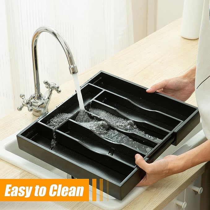 Black Silverware Organizer Kitchen Drawer Organizer Expandable Bamboo Utensil Holder Cutlery Tray for Kitchen Utensil and Flatware Bedroom Office - Image 7