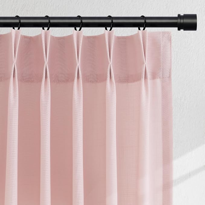 Hokibero Pink Pinch Pleated Linen Curtains 84 Inch Long for Living Room | Light Filtering Semi Sheer Curtain,Back Tab Hooks Rings,Modern Farmhouse Textured Privacy Drapes for Bedroom Window,2 Panels by Hokibero