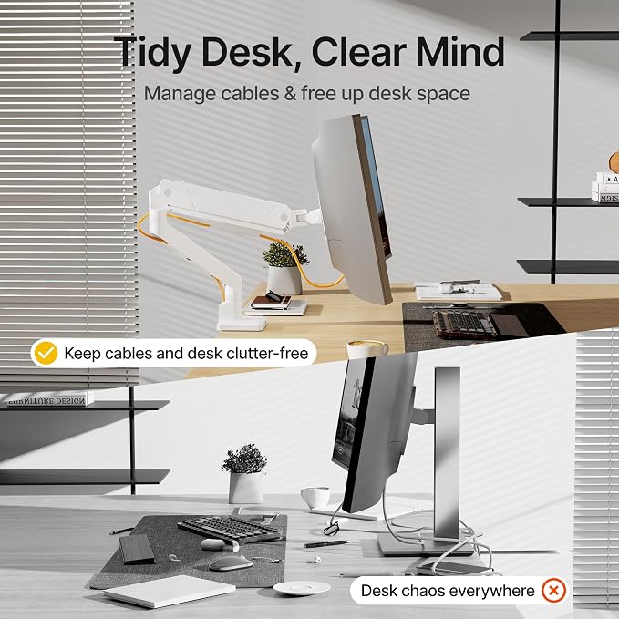 monTEK Single Monitor Arm for Max 45 Inch Ultrawide Screens, Holds 35 Lbs | Adjustable Monitor Desk Mount with C Clamp/Grommet Desk Mount, Cable Management, VESA 75/100mm, White - Image 5