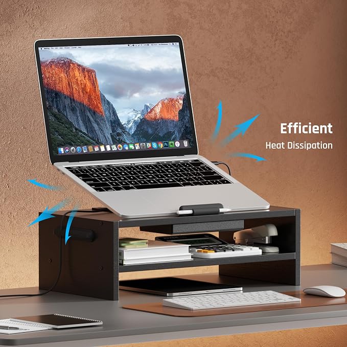 AFOOYO Adjustable Wood Laptop Stand, Ergonomic Height Angles Computer Holder Riser for Desk Compatible with Air, Pro, Dell, HP, Lenovo More 10-17.3" Laptops, Black - Image 3