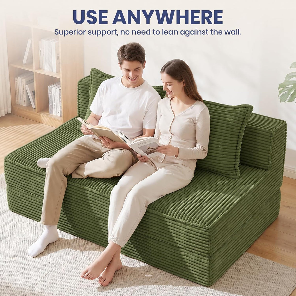 Folding Sofa Bed, 8" Convertible Sleeper Sofa Boneless Couch Fold Out Chair Bed with Pillow, Portable Floor Couch Lounge Sofa for Living Room Bedroom Guest Room (Green, Loveseat) - Image 3