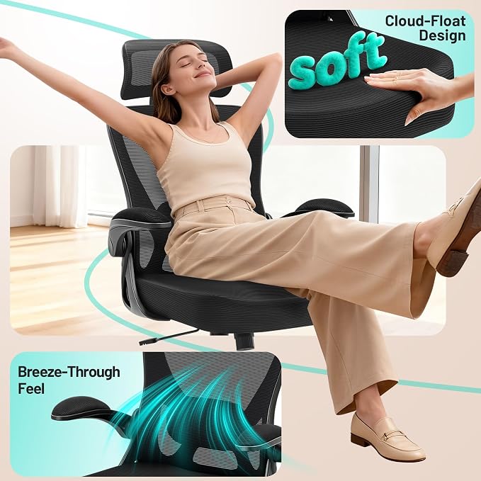 Office Chair - Ergonomic Desk Chair Breathable Mesh Chair with 2D Headrest & Adjustable Lumbar Support - Executive High Back Rolling Swivel Computer Gaming Chair with Wheels Flip-up Armrests - Image 7